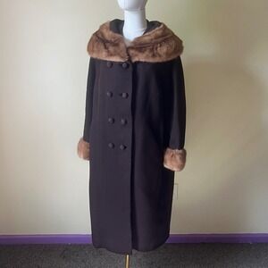 Vintage 1960s Richard H. Martin Long Brown Wool Coat Mink Fur Collar & Cuffs XL